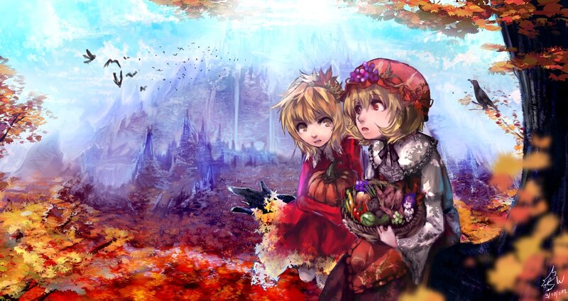 Autumn forest with two girls