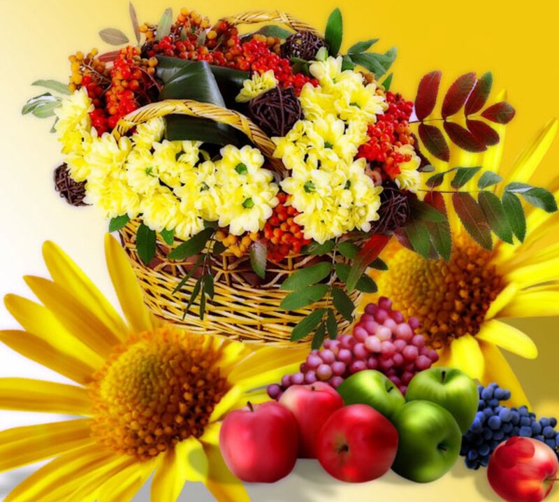 Autumn Fruit and Flower Arrangement — Yellow