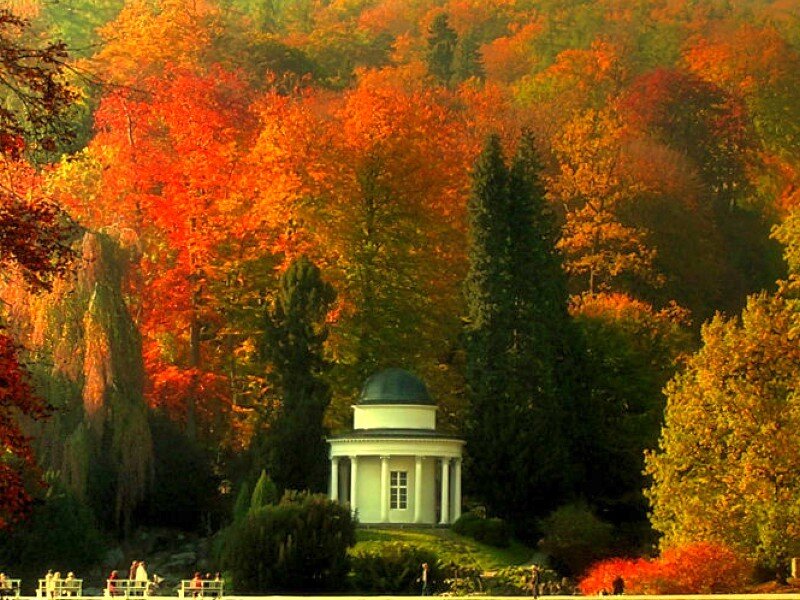 Autumn garden with a temple