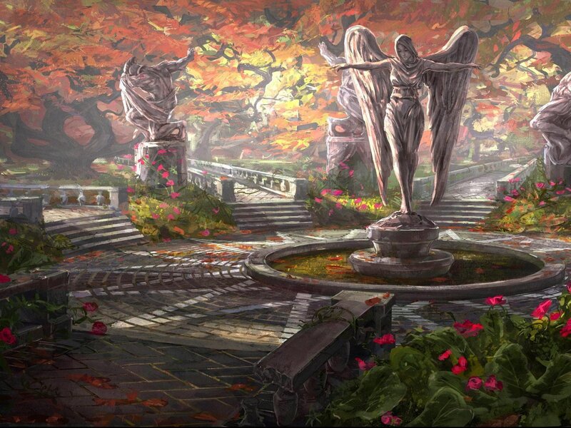 Autumn garden with angel statues