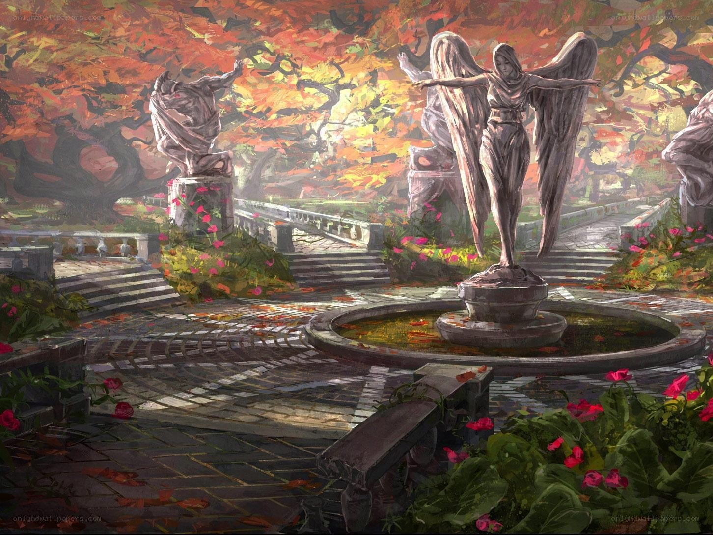 Autumn garden with angel statues