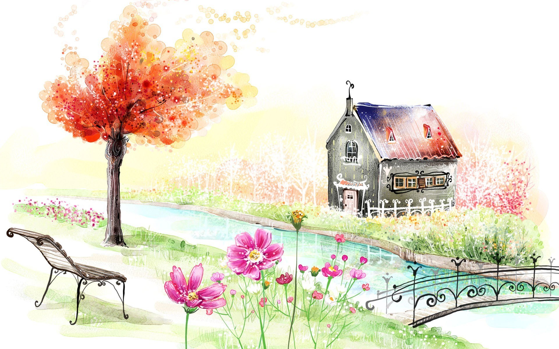 Autumn garden with cottage