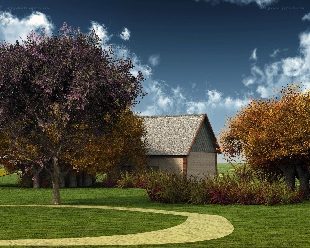 Autumn garden with house