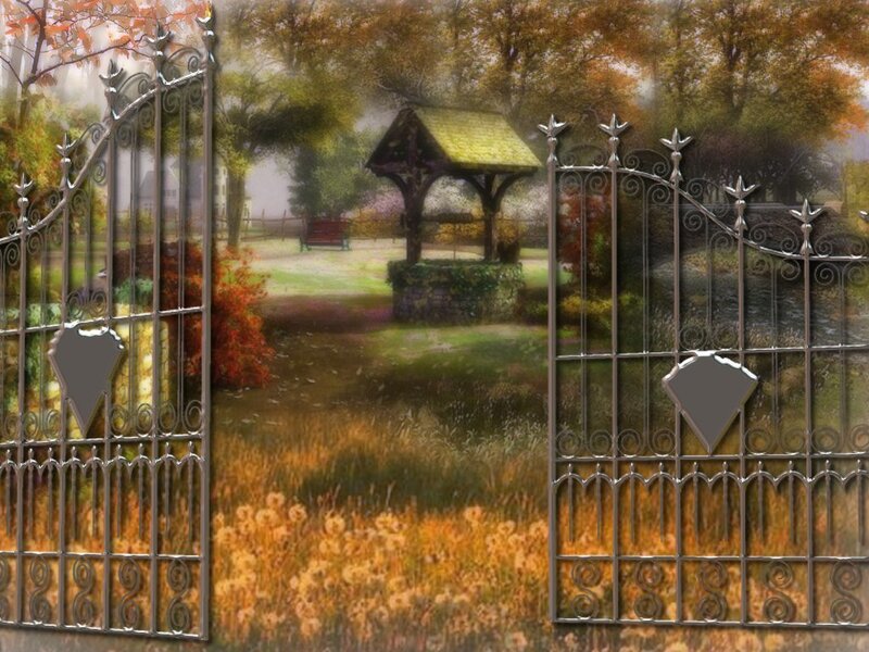 Autumn garden with ornate gates