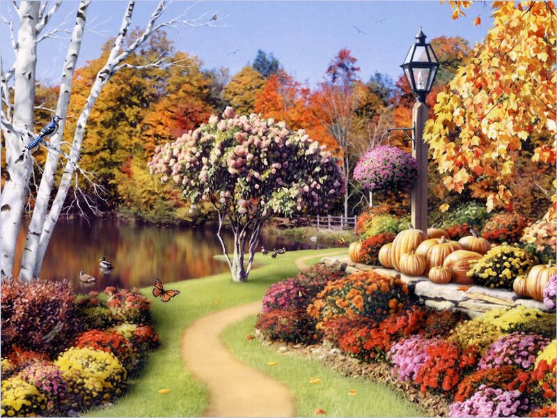 Autumn Garden with Pond — Orange, Serene