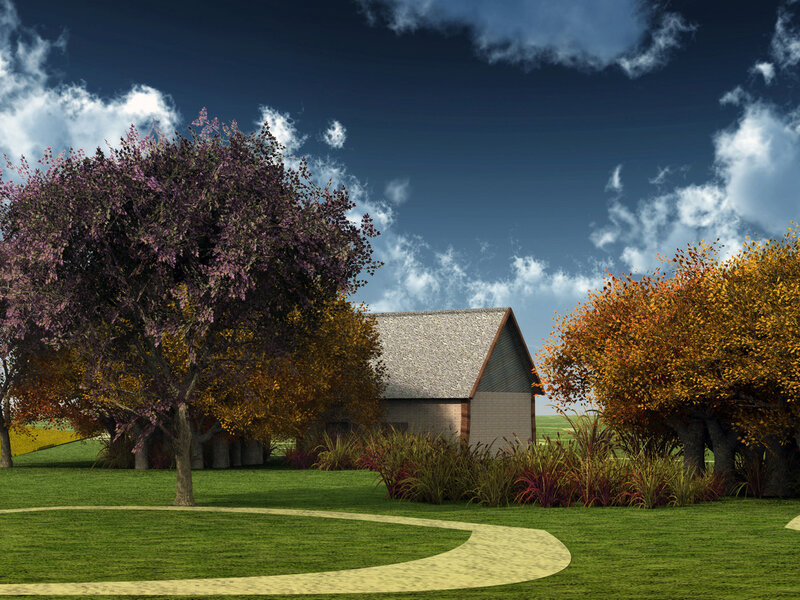 Autumn garden with small house