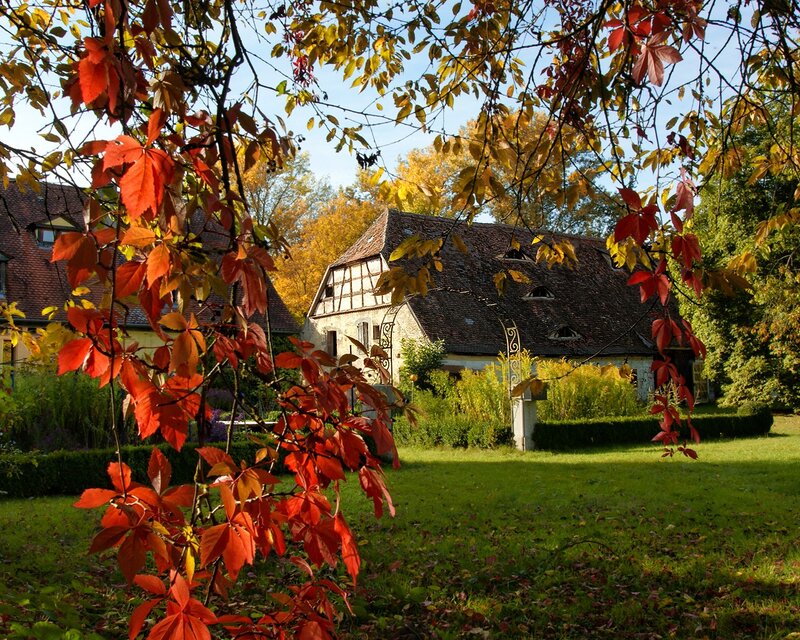 Autumn garden with traditional house