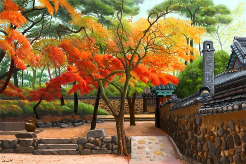 Autumn Garden with Trees — Orange