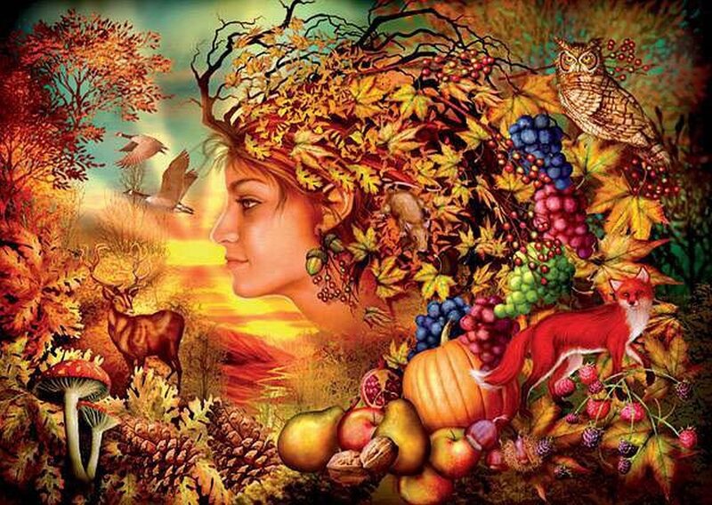 Autumn goddess with harvest symbols