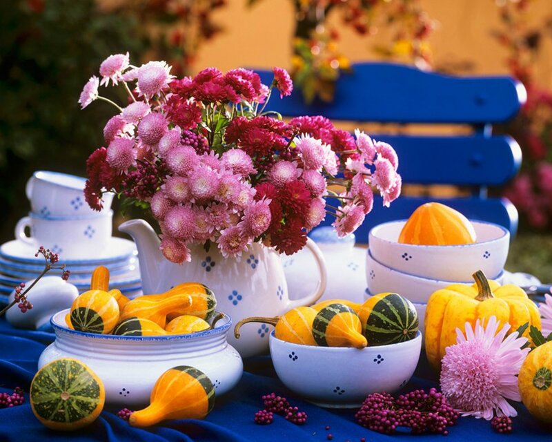 Autumn Gourds and Flowers — Blue