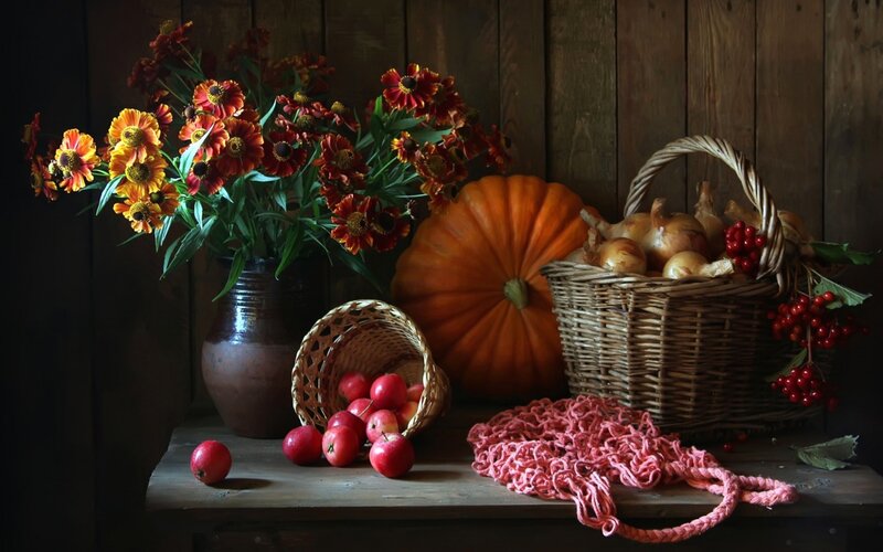 Autumn Harvest Still Life — Brown, Dramatic, Photograph