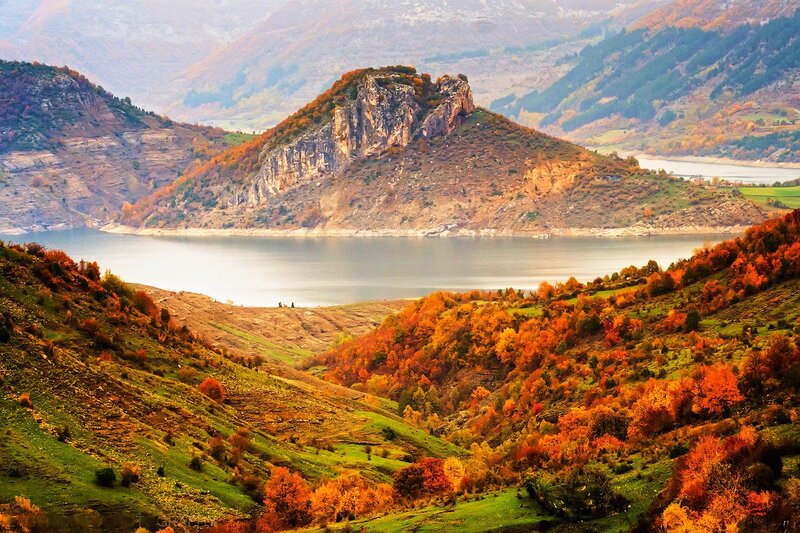 Autumn Hills and Lake — Orange, Serene
