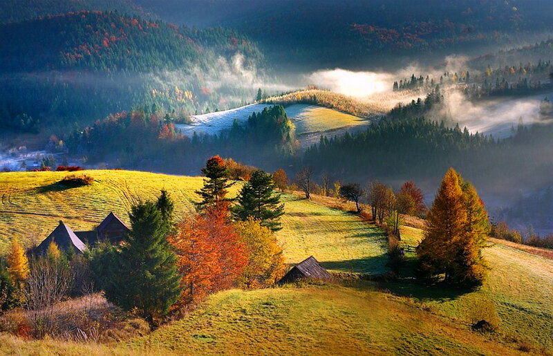 Autumn Hills with Cabins — Green