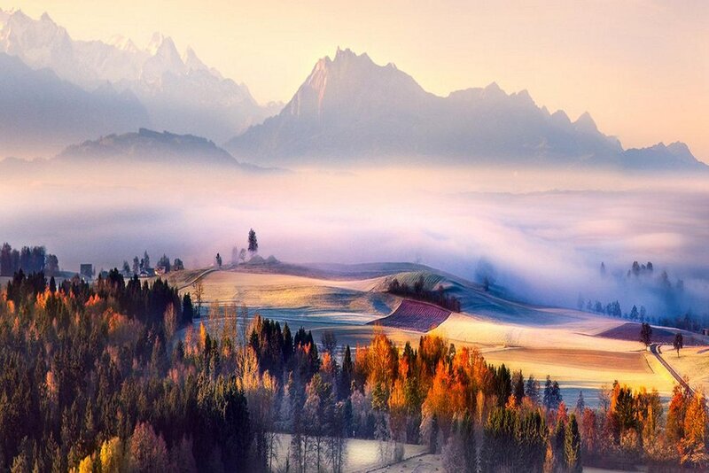 Autumn Hills with Fog — Orange