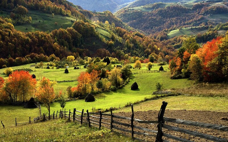 Autumn hills with hay bales
