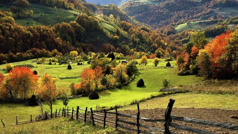 Autumn hills with hay bales