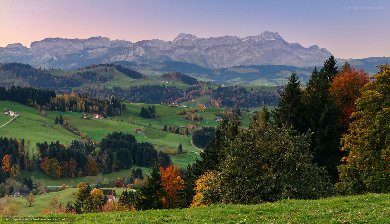 Autumn hills with mountain backdrop