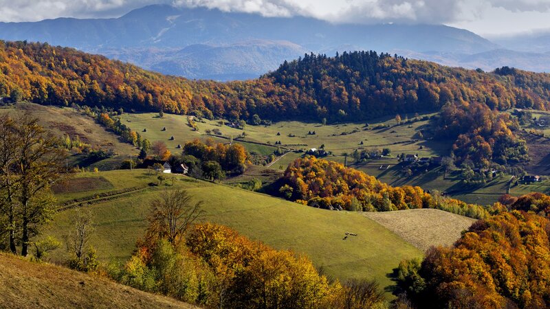 Autumn Hills with Village — Green, Serene, Photograph