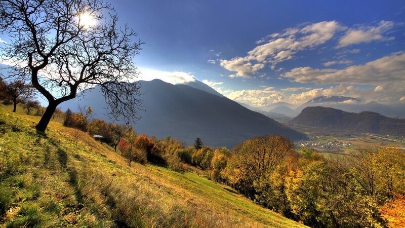 Autumn Hillside with Mountains — Blue