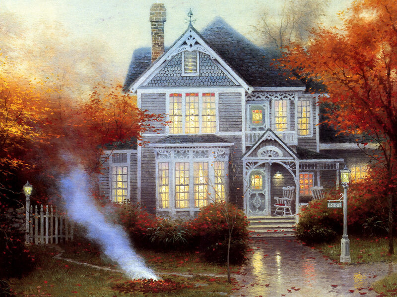 Autumn house with warm lights