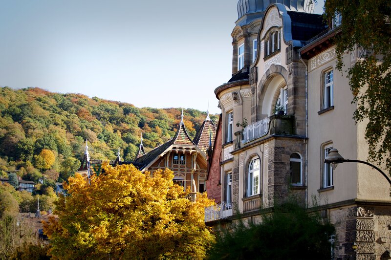 Autumn houses in a hillside town