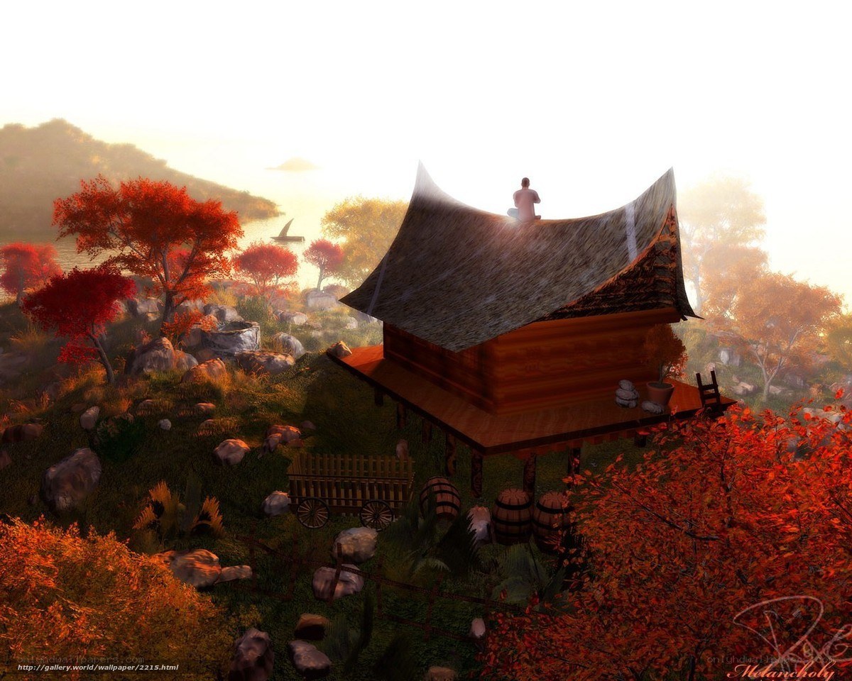 Autumn hut on a hill