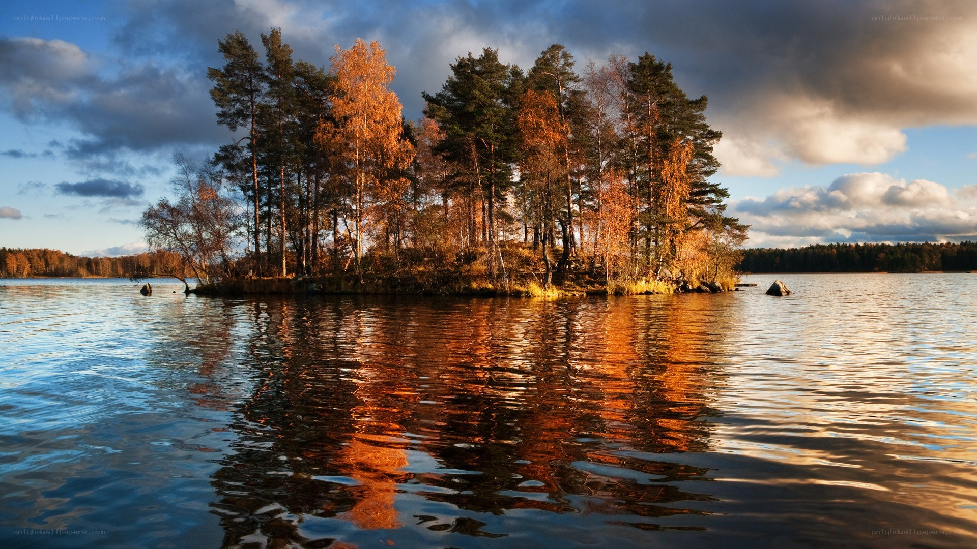 Autumn island at sunset