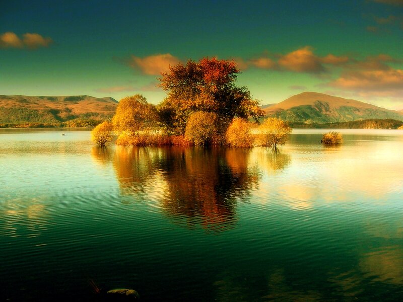 Autumn island in a serene lake