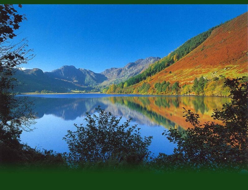 Autumn Lake and Mountains — Blue, Serene, Photograph, Trees, Bushes