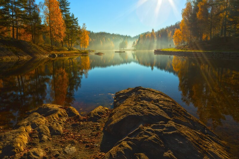 Autumn Lake at Sunrise — Blue, Serene