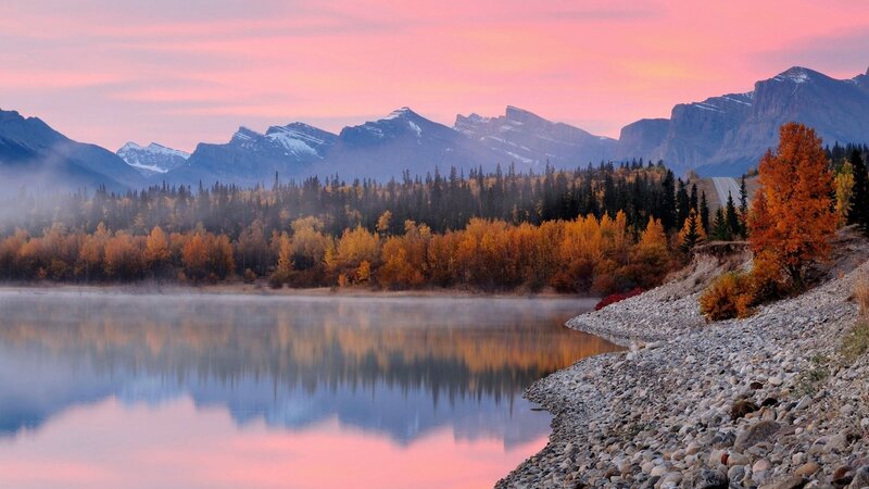Autumn Lake at Sunrise — Pink, Serene