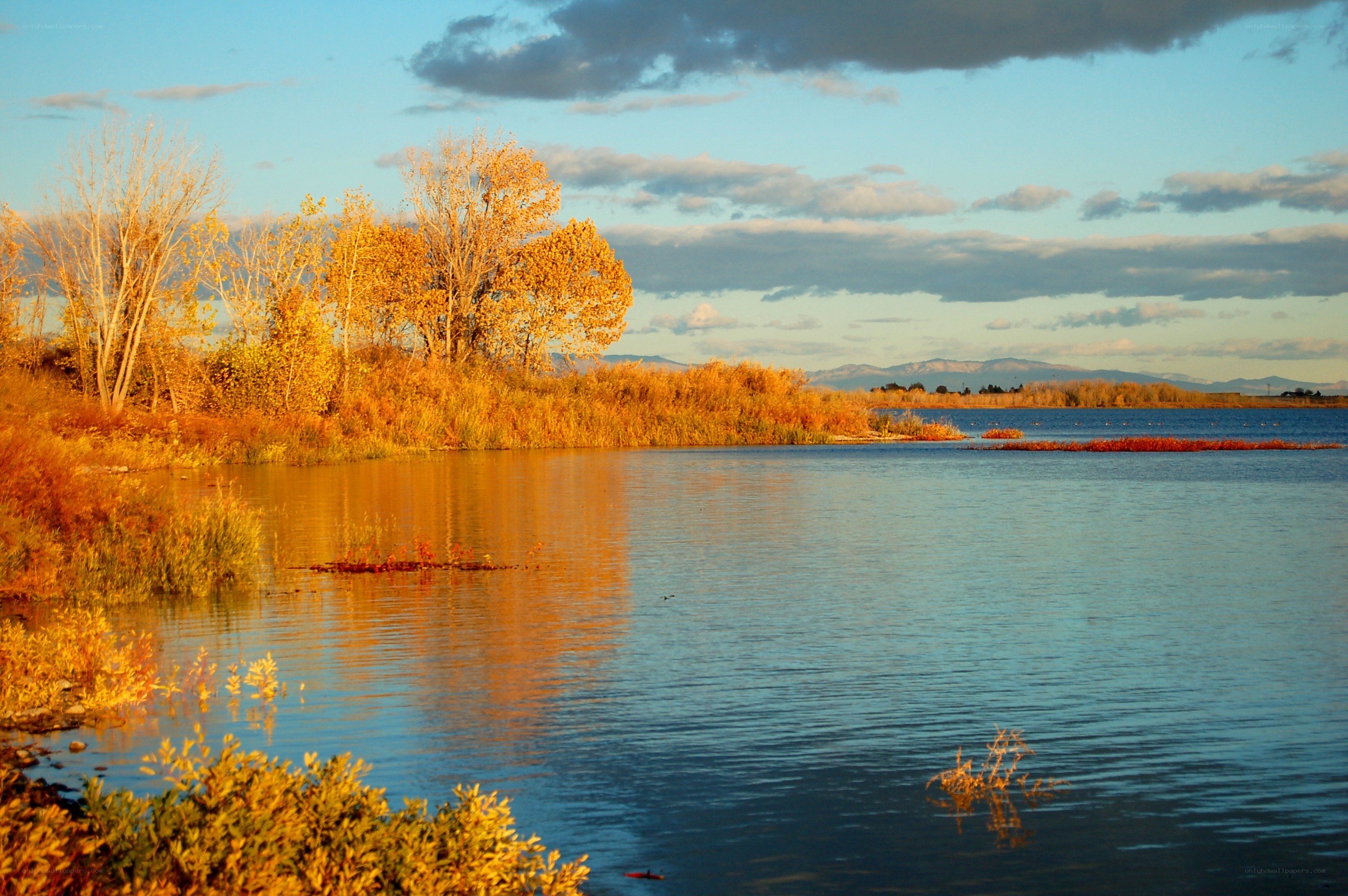 Autumn lake at sunset
