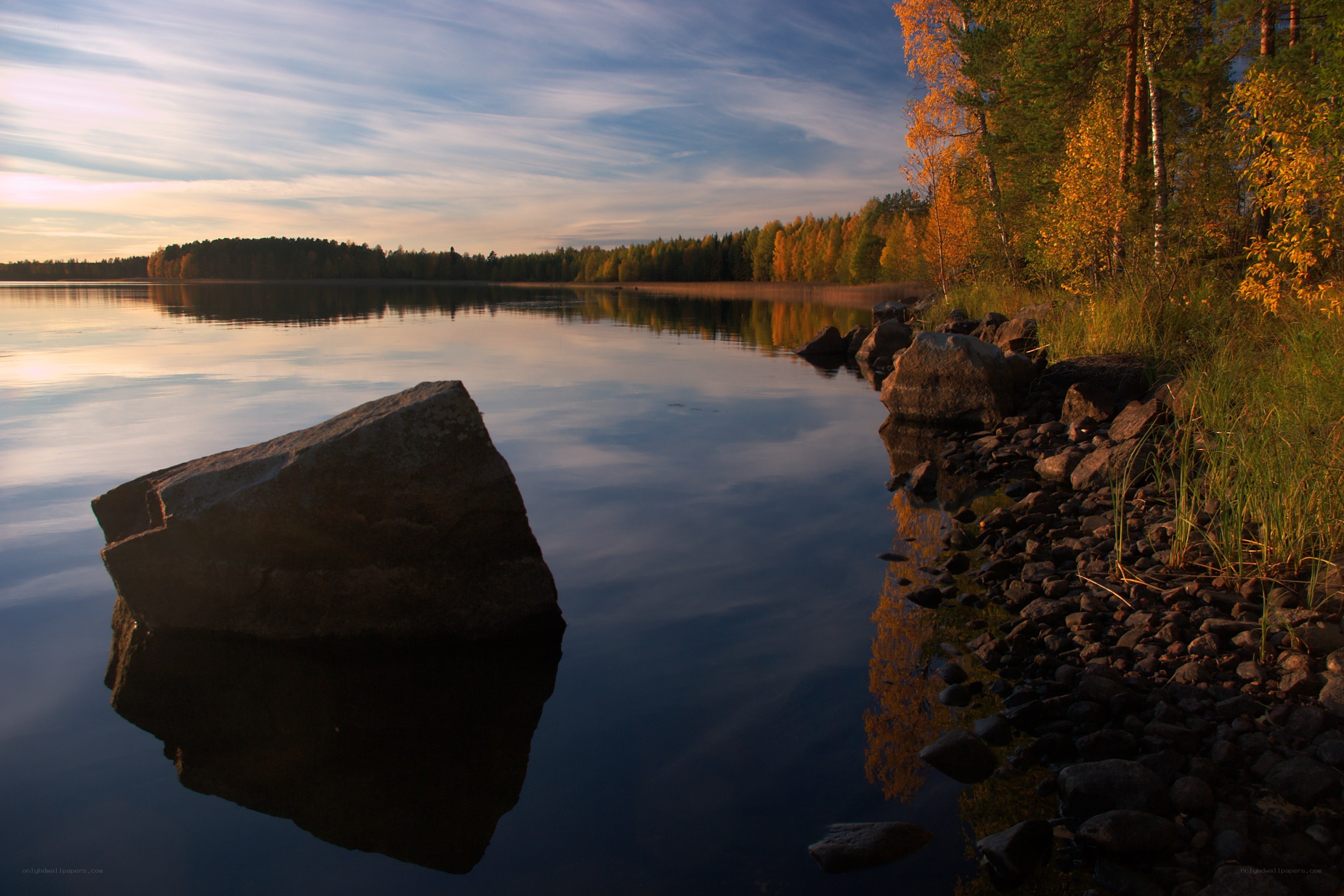 Autumn lake at sunset