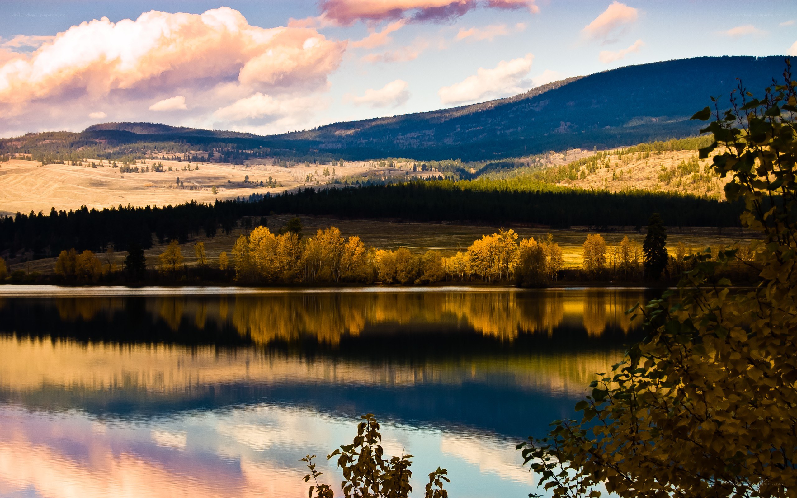Autumn lake at sunset