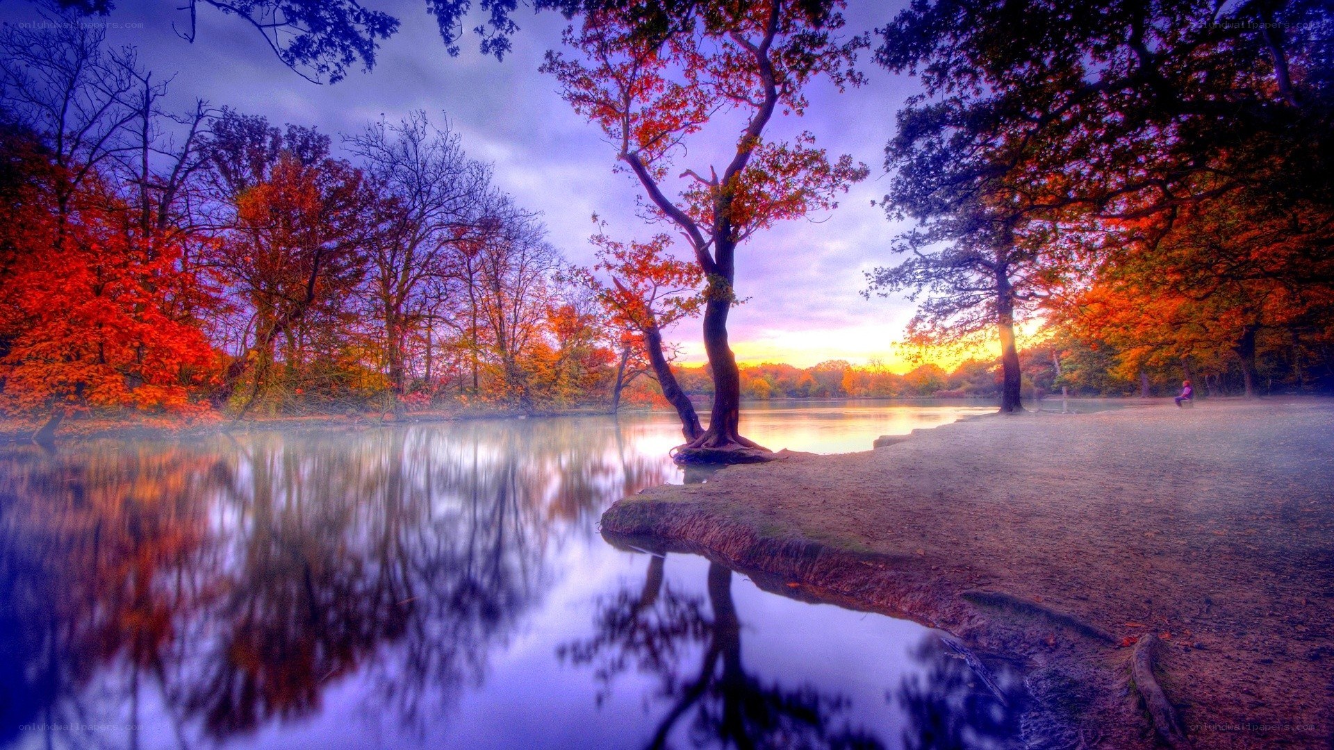 Autumn lake at sunset