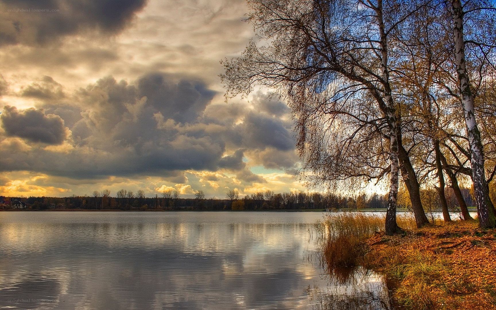 Autumn lake at sunset
