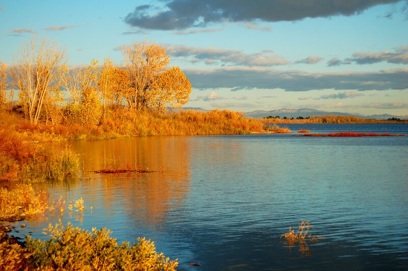 Autumn lake at sunset
