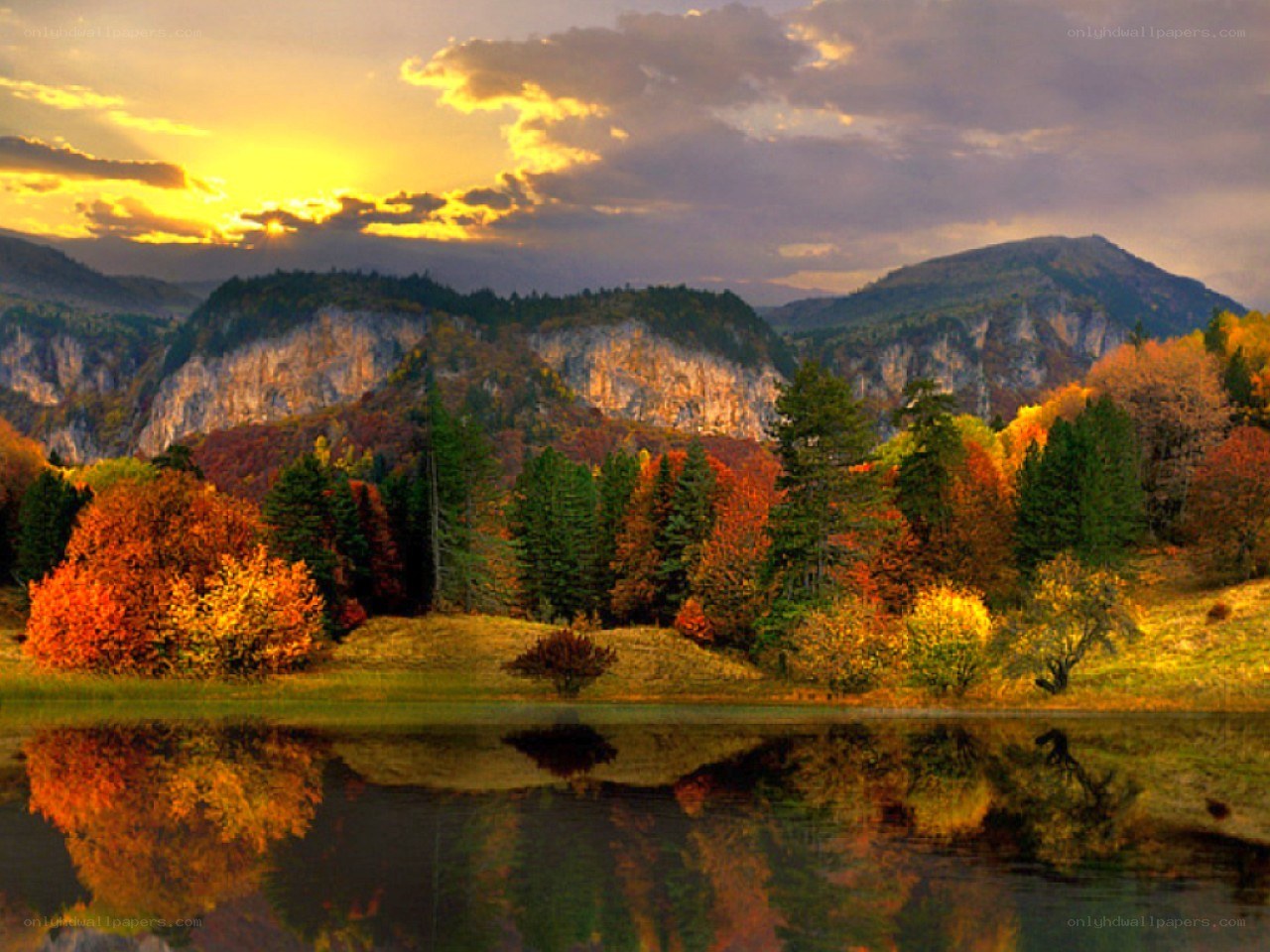Autumn lake at sunset