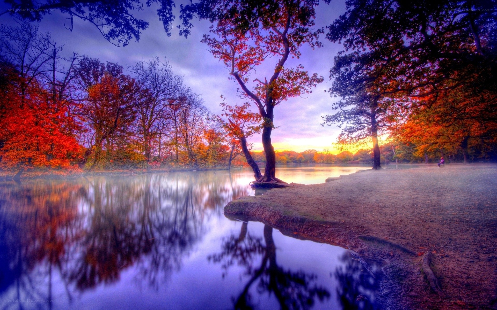 Autumn lake at sunset