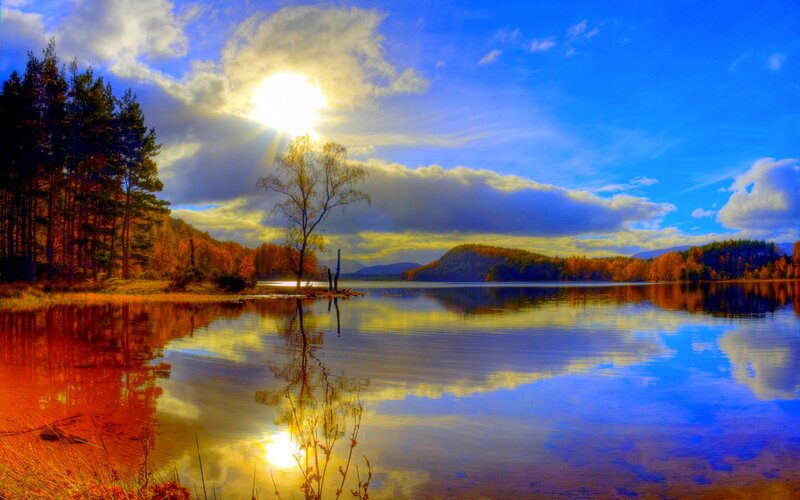 Autumn Lake at Sunset — Blue