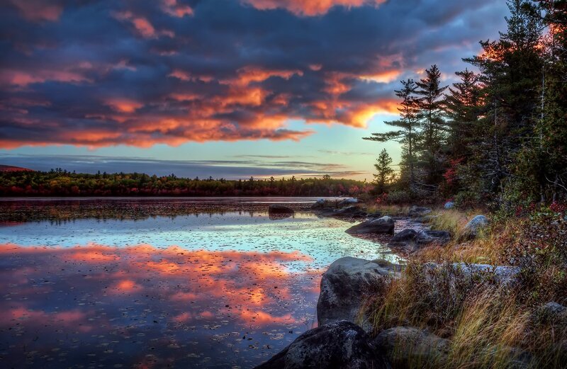 Autumn Lake at Sunset — Orange, Dramatic, Photograph, Trees