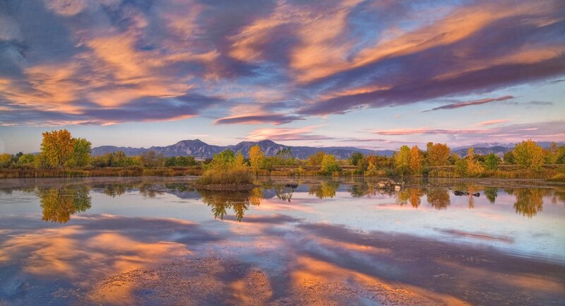 Autumn Lake at Sunset — Orange, Serene, Photograph, Mountains