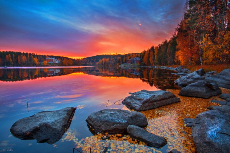 Autumn Lake at Sunset — Orange, Serene, Photograph, Rocks