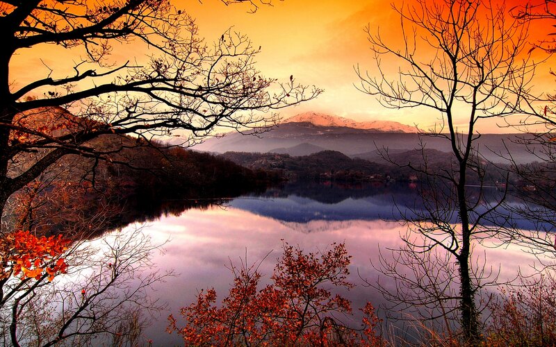 Autumn Lake at Sunset — Orange, Serene