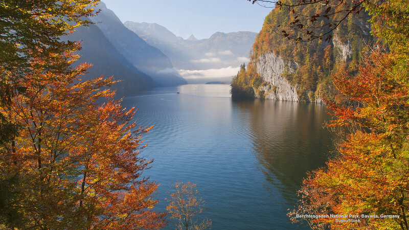 Autumn Lake in Mountains — Blue, Serene, Photograph, Trees, Boat