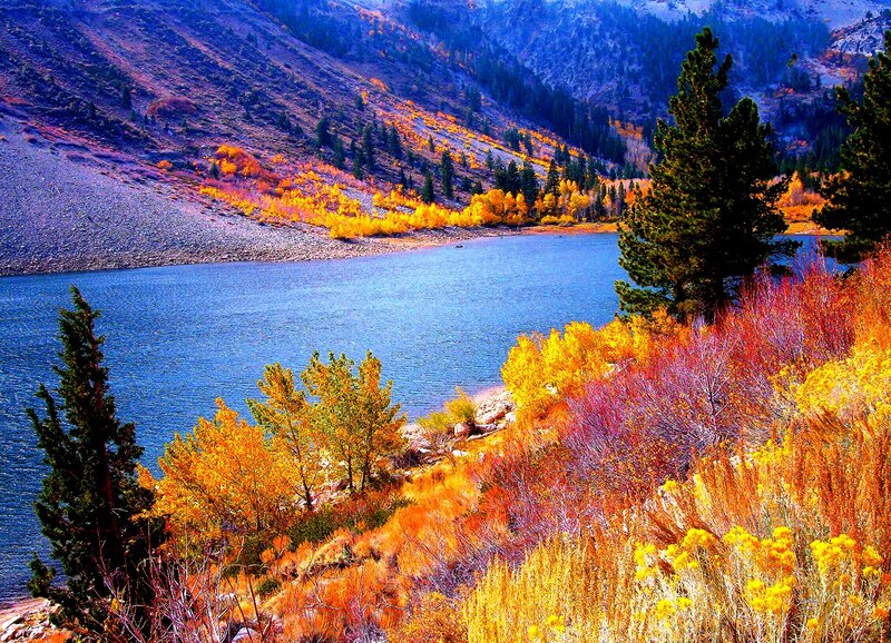 Autumn Lake in Mountains — Blue, Serene, Photograph, Trees, Fall Foliage