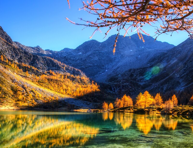 Autumn Lake in Mountains — Blue, Serene, Photograph, Trees, Sky
