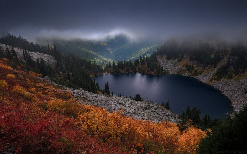 Autumn Lake in Mountains — Orange, Dramatic, Photograph