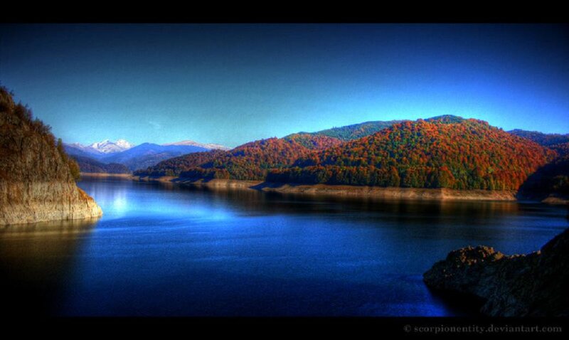 Autumn Lake Landscape — Blue, Serene, Photograph, Mountains, Forest