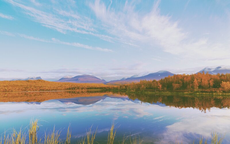 Autumn Lake Landscape — Blue, Serene, Photograph, Mountains, Trees